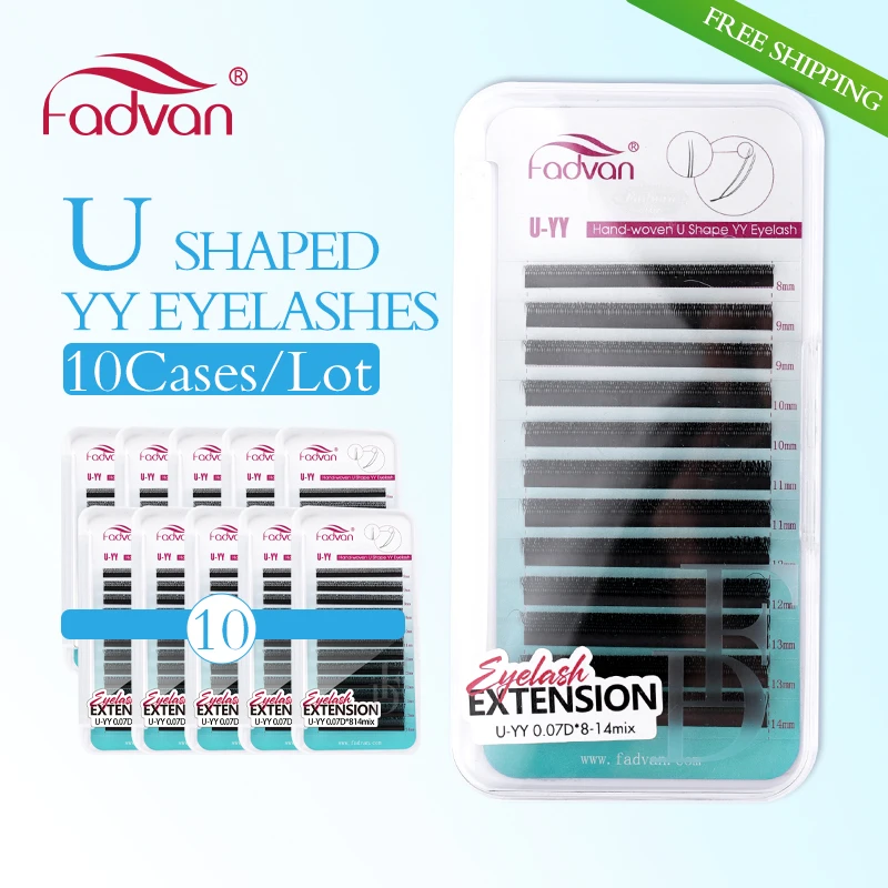 FADVAN 10 Piezas Extensiones de Pestañas YY en Forma de U, Pestañas YY Estrechas, Curvatura C y D, Pestañas Postizas Premium Suaves y Ligeras, Herramientas de Maquillaje