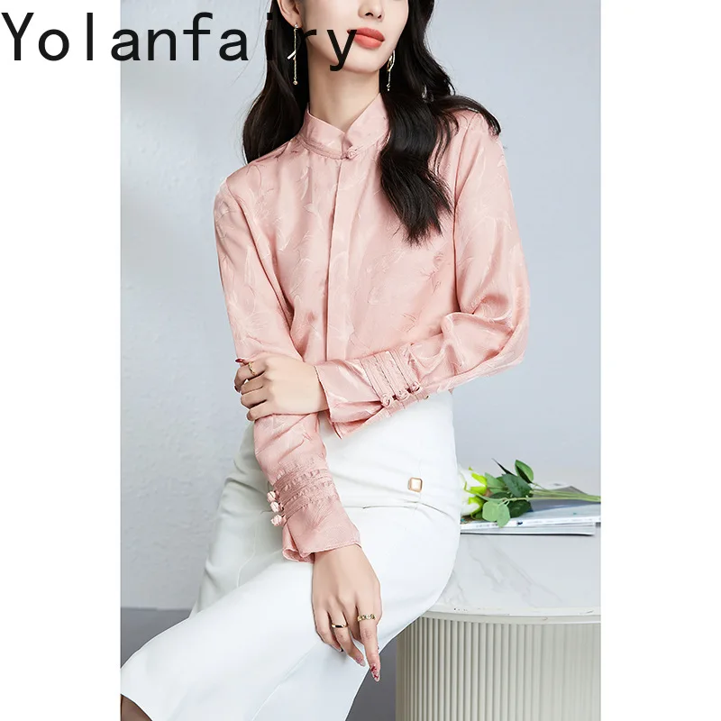 YOLANFAIRY 라이트 럭셔리 100% 멀 베리 실크 셔츠 여성 봄 우아한 2025 긴 소매 셔츠 탑 핑크 셔츠 여성 의류