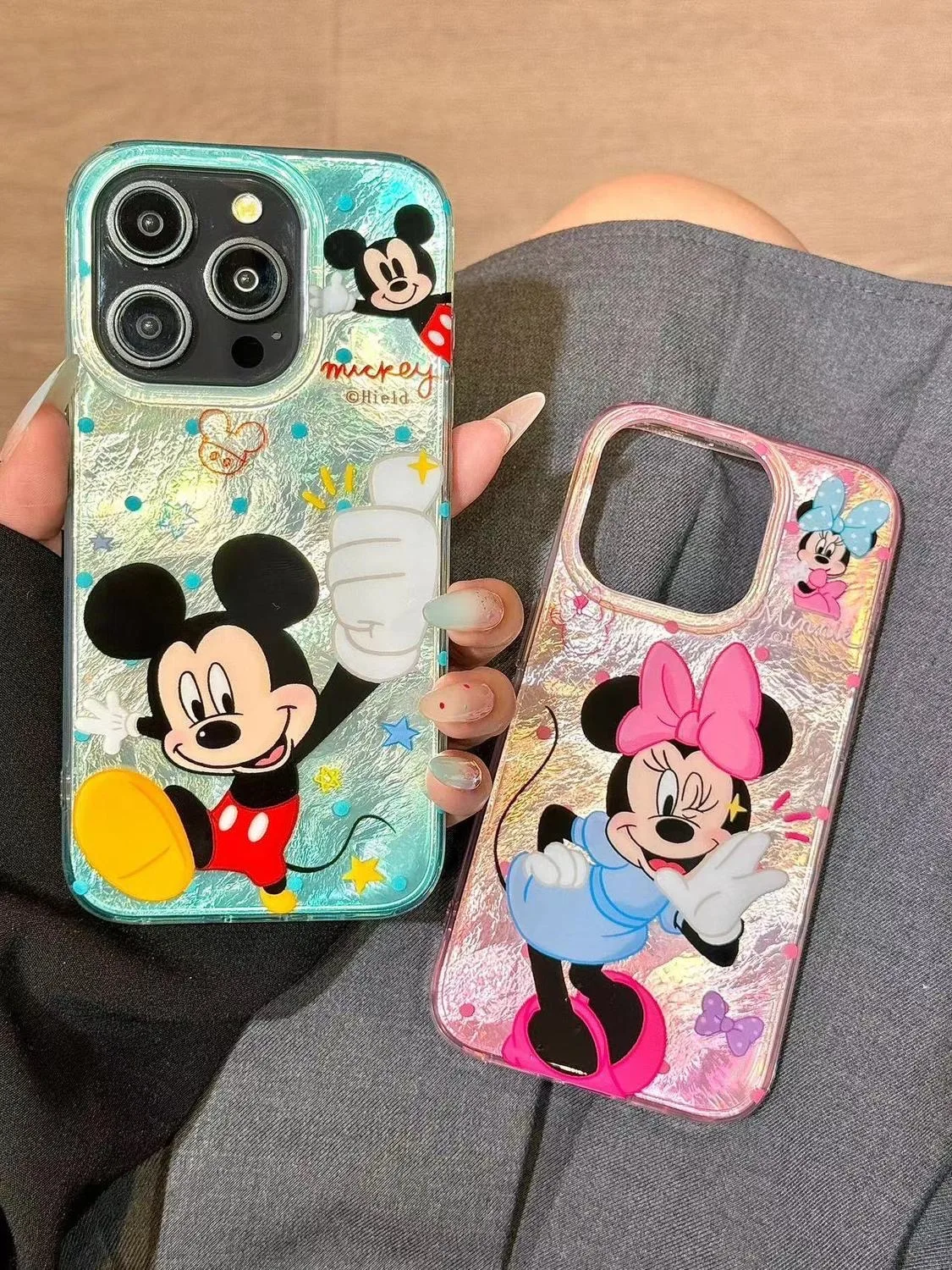 For iPhone 13 Mini 12 11 14 Plus 15 16 Pro Max X XS XR 7 8 SE Sweet Minnie Mickey Cartoon Dazzling Lustre Lining Hard Phone Case