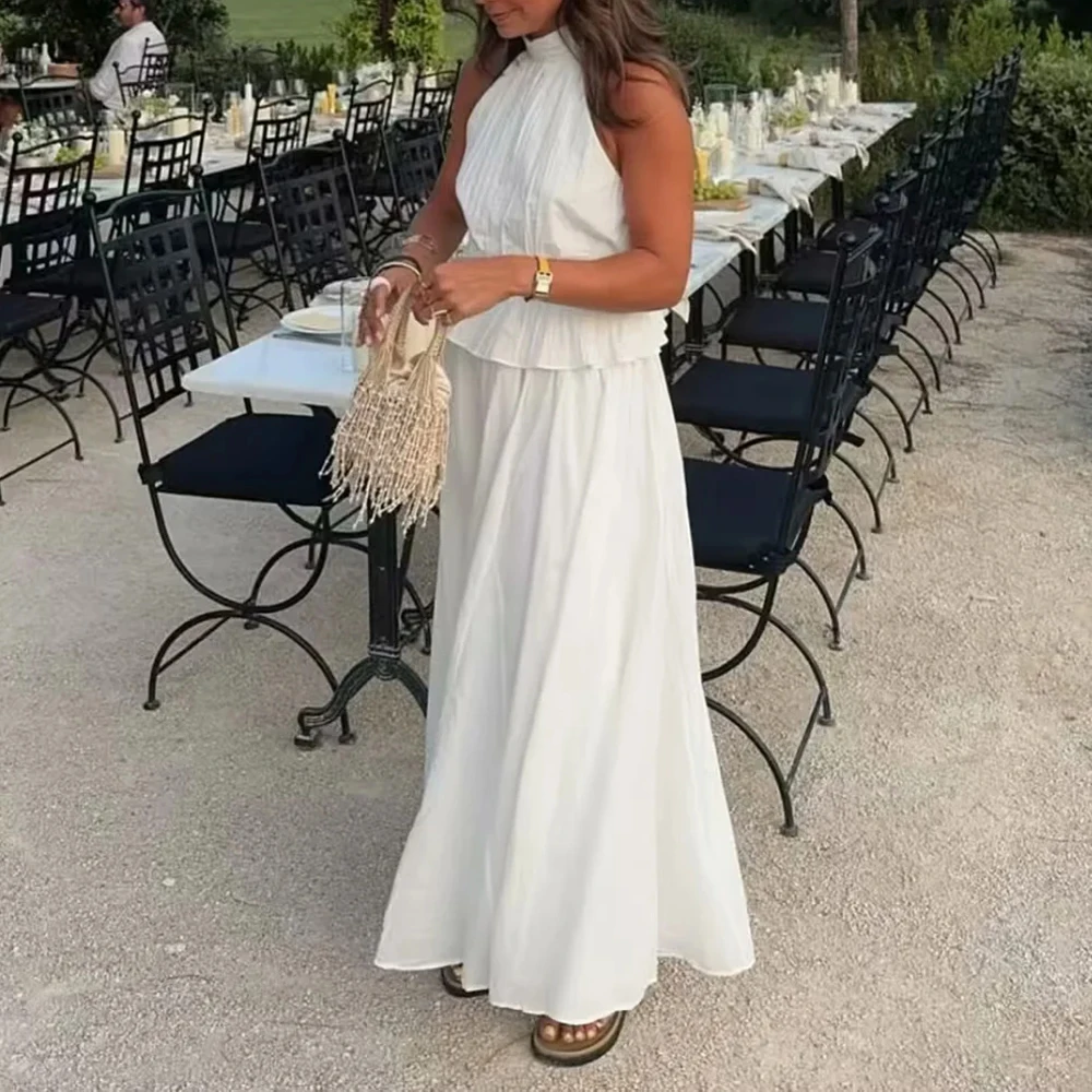 TWOTWINSTYLE Solid Two Piece Set for Women O Neck Sleeveless Top High Waist Temperament Skirts Female Fashion New