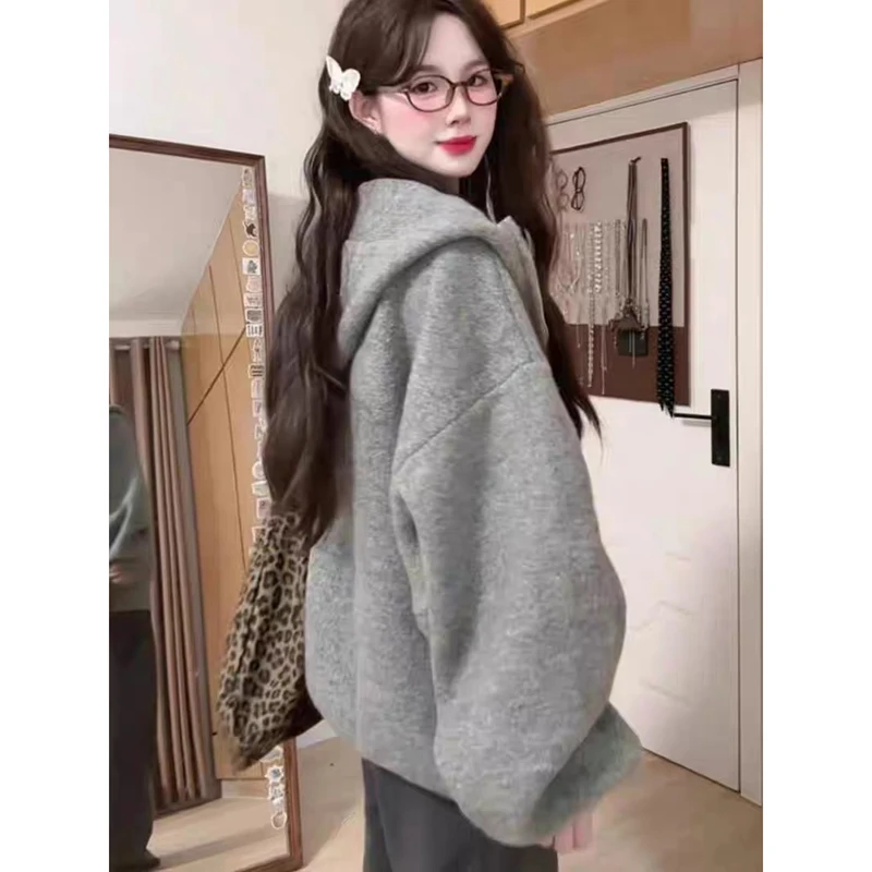 YIBASHU Damen Grauer Cardigan Pullover Vintage 2000er Y2k Pullover Strickwaren Lange Ärmel Oversize Kapuzenpullover Herbstkleidung