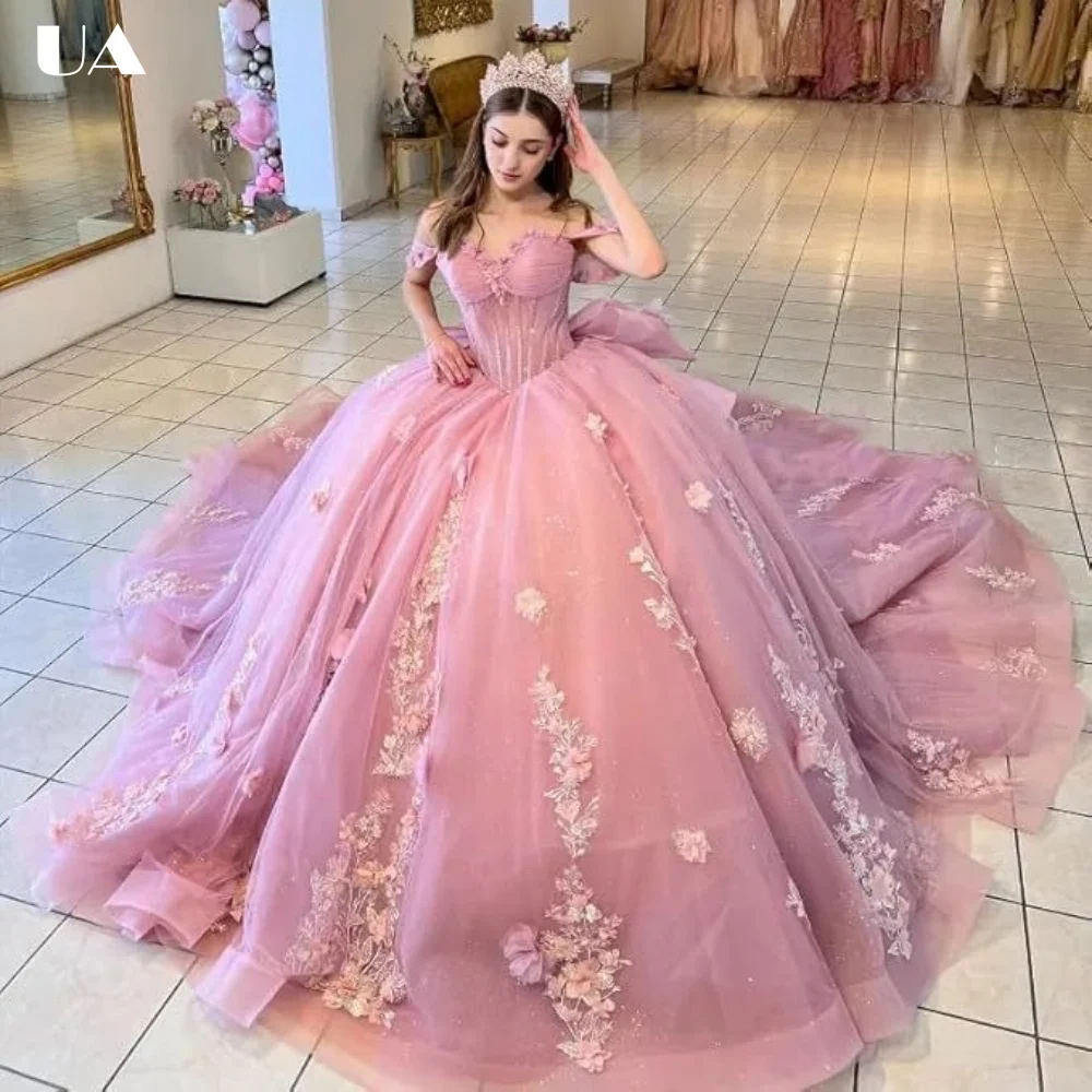 

ULBYANRY Customized A-line 3D Flower Sweet 15 Dress, Sparkly Oversized Bow Quinceanera Dress, Elegant Off-the-shoulder Ball Gown