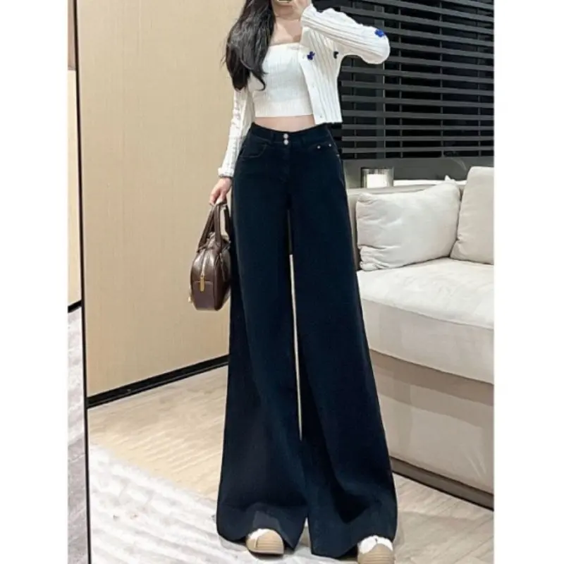 

Женские джинсы с высокой талией, расклешенные, широкие, весенние, новые, свободные, стройнящие, длинные брюки из двойного хлопкового стрейч-денима