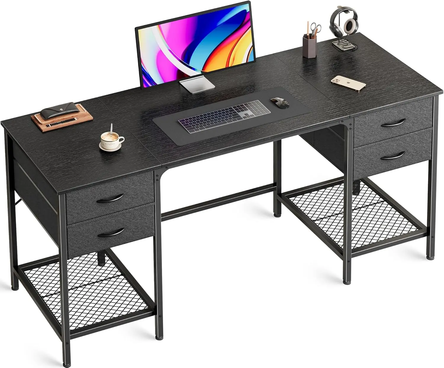 

55 Inch Computer Desk with 4 Drawers and Mesh Shelf, Gaming and Work Desk for Home Office, Study, Bedroom, Work from Home