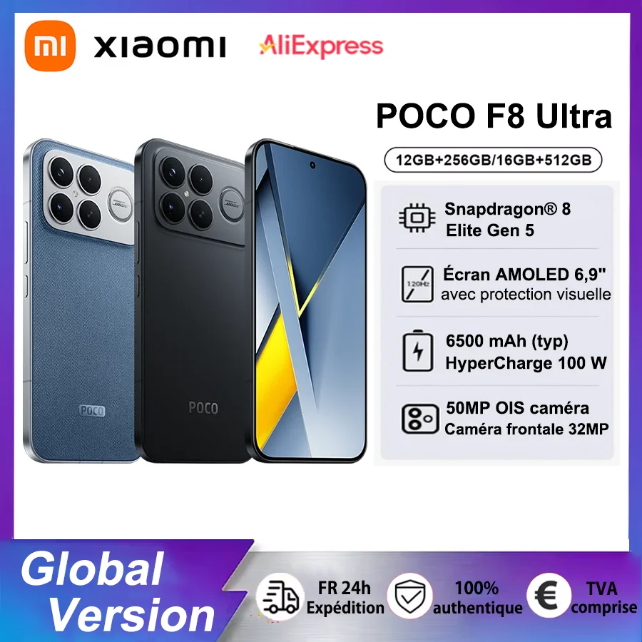 Smartphone POCO F8 Ultra Version Globale Snapdragon ®   8 Elite Gen 5 6500mAh 6.9" 120Hz Écran AMOLED HyperRGB 100W HyperCharge NF