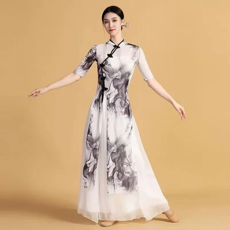 

Танцевальный костюм Cheongsam, женский эластичный танцевальный костюм для классических танцев, костюм для этикета тела, элегантный костюм для моделирования тела
