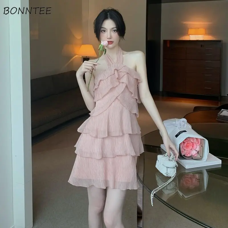 

Sleeveless Dresses Women Halter Neck Ruffles Mini Elegant Sexy Sweet Retro Design Trendy Korean Casual Lovely Summer Thin Female