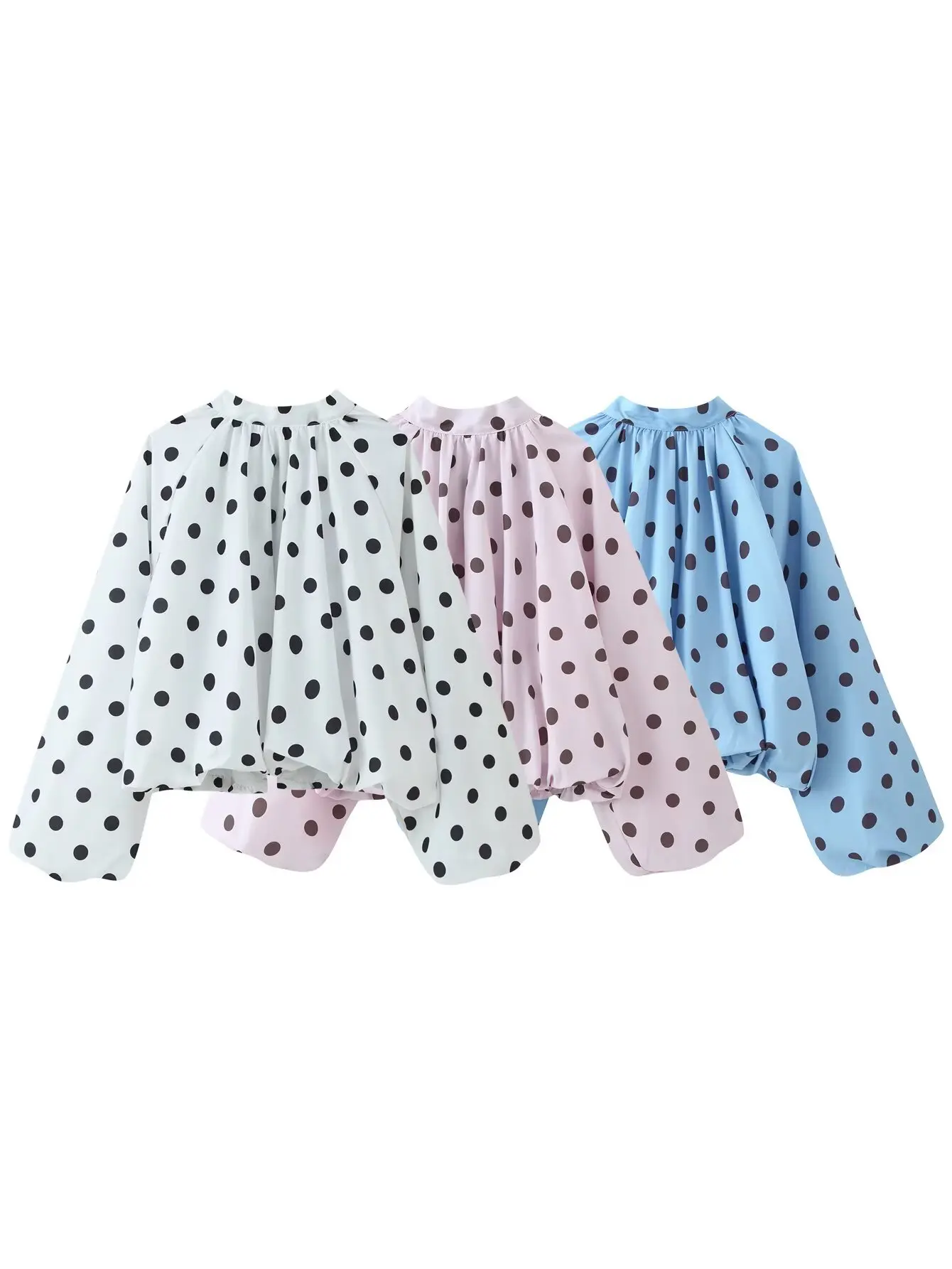 

Women's Polka Dot Loose Blouse Bow Puff Long Sleeve Flowy Shirt Tops