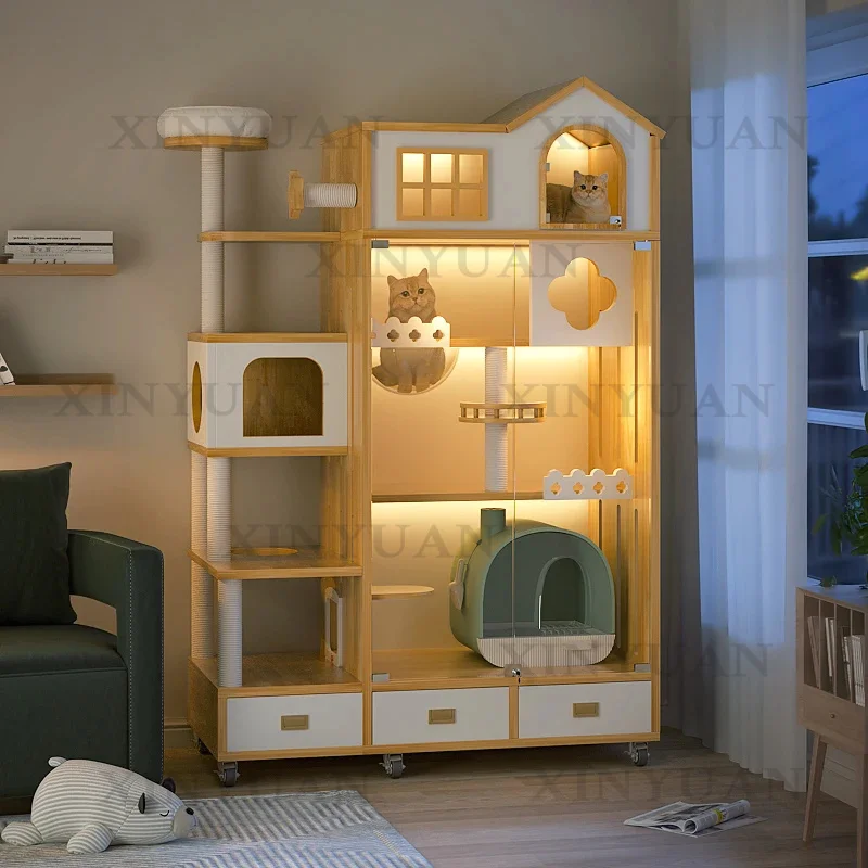Cat Cage House – Large Space Solid Wood Eco-Board Cat Climbing Frame | Breathable Indoor Pet Nest, 120*60*189cm