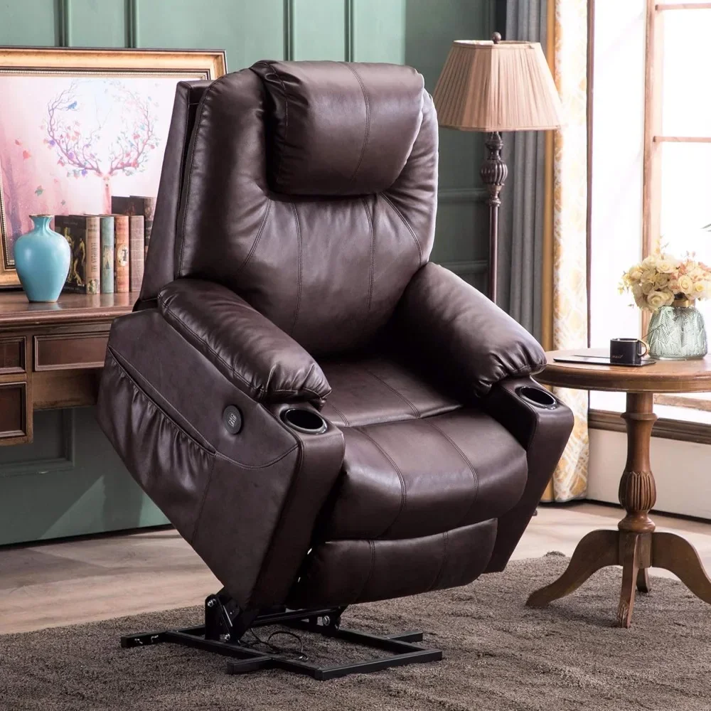 Electric Power Lift Recliner Chair Sofa with Massage and Heat for Elderly, 3 Positions, 2 Side Pockets, and Cup Holders,