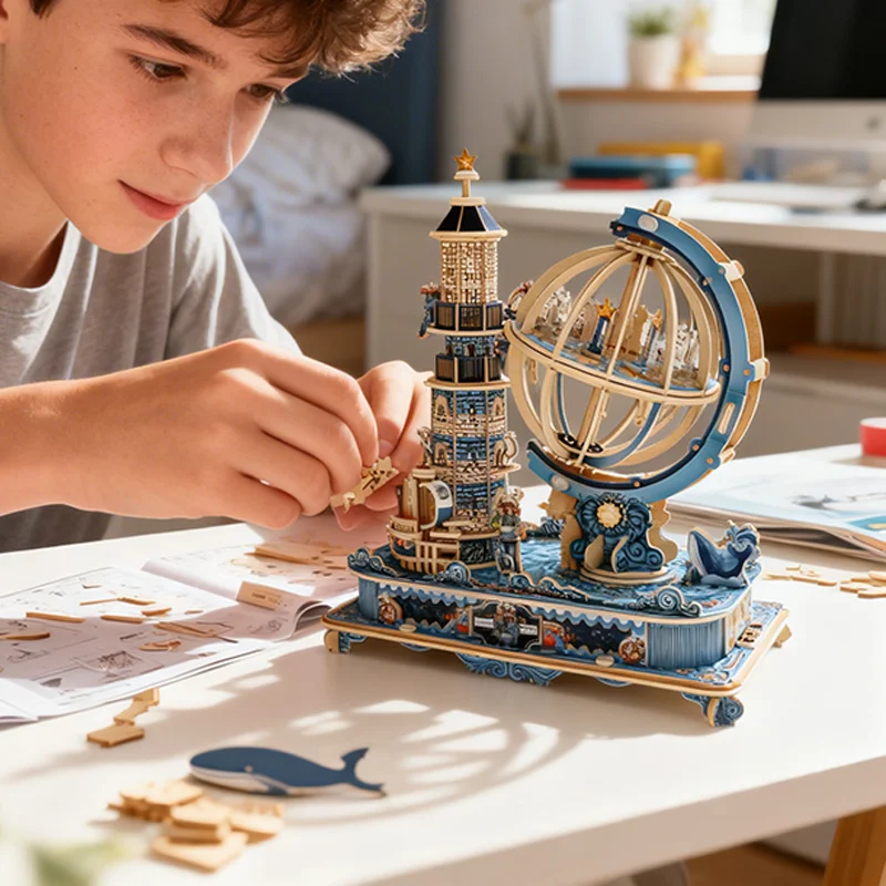 Vintage Nautical 3D Wooden Model Kit Globe & Lighthouse Design DIY Assembly Gift for Sea Enthusiasts Home Decor