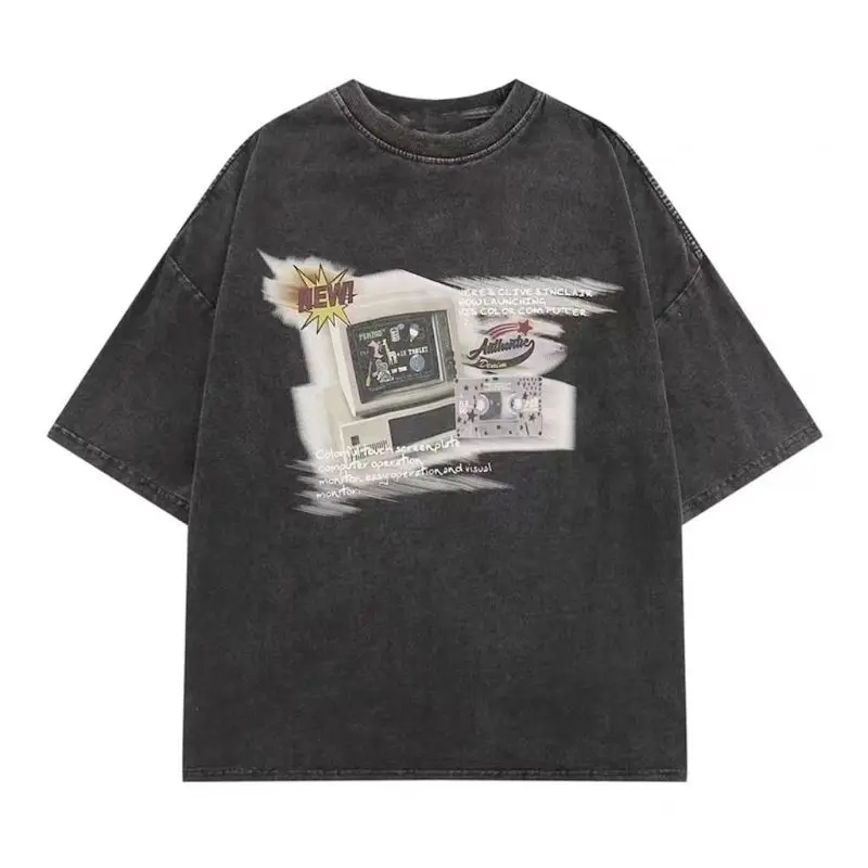 American Retro T-shirts for Men and Women Vintage Computer Digital Loose T Shirt Summer Oversized Trendy Couple Short Sleeve Top