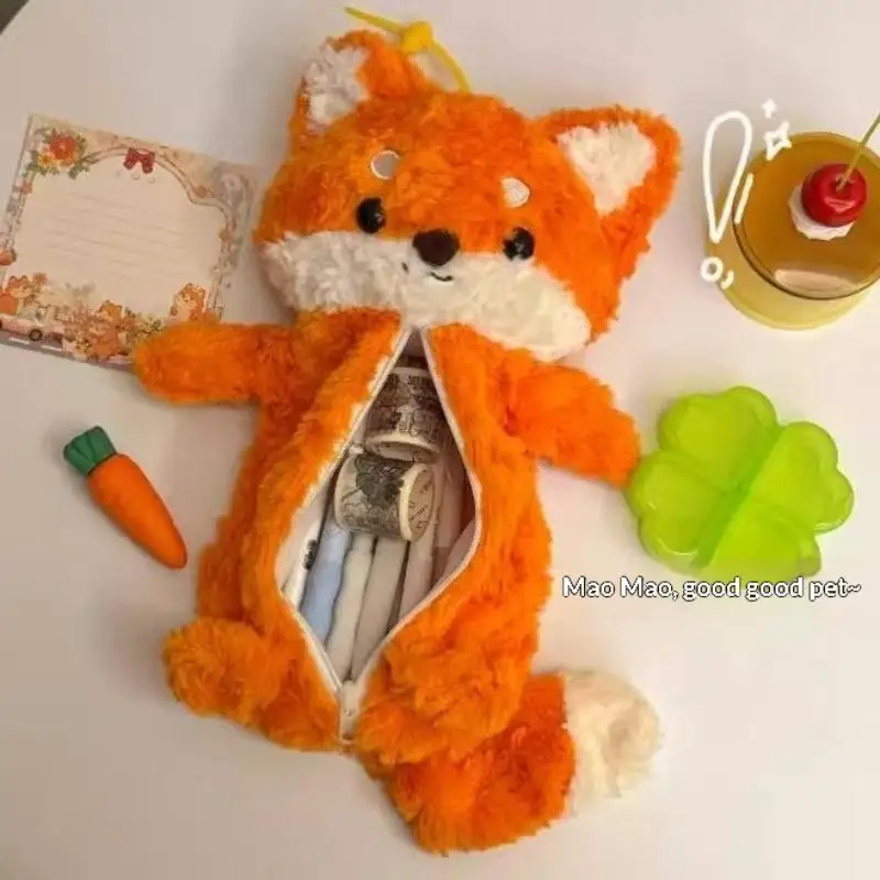 Niedliche, flauschige Fuchsförmige Stiftetasche, großes Fassungsvermögen, Cartoon-Schreibtisch-Organizer, leichte Reise-Make-up-Aufbewahrungstasche, für Schüler und Lehrer – Detail 9