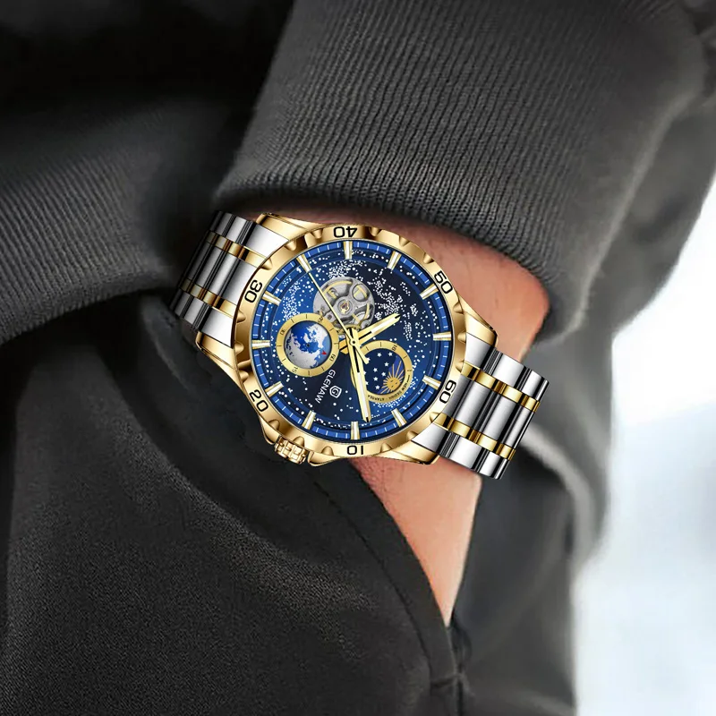 GLENAW Men\'s Leisure Timing Mechanical Wristwatch Moonlight Phase Waterproof Watch Tuo Flywheel Glow Stainless Steel Clock