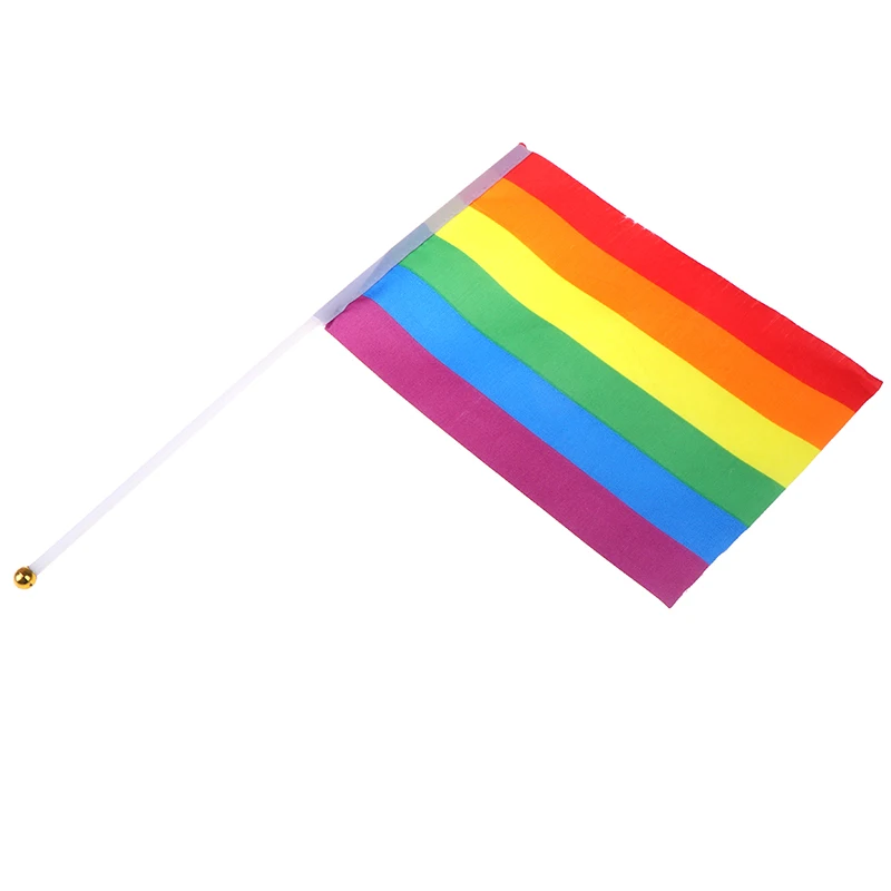 Bandera de arco iris de mano para decoración de jardín, minibanderas de escritorio de 20x14cm, 5 piezas, para fiesta de orgullo, con palo pequeño blanco