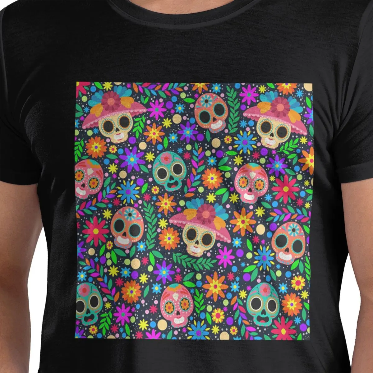 

Сахарный череп Мексиканский цветок Хэллоуин День мертвых 11 Футболка из 100% хлопка Мужские забавные футболки Мужские футболки с круглым вырезом и коротким рукавом
