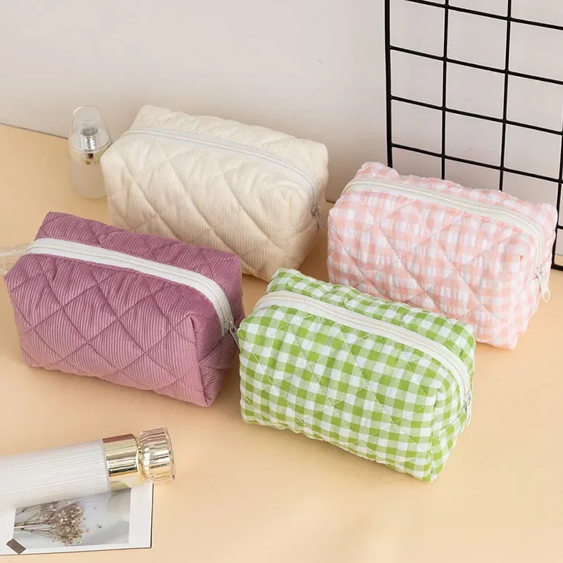 Solid Color Plaid Makeup Bag Travel Cosmetic Pouch Large Soft Cosmetic Organizer Pouch, Zipper Make Up Organizer Toiletry Bags