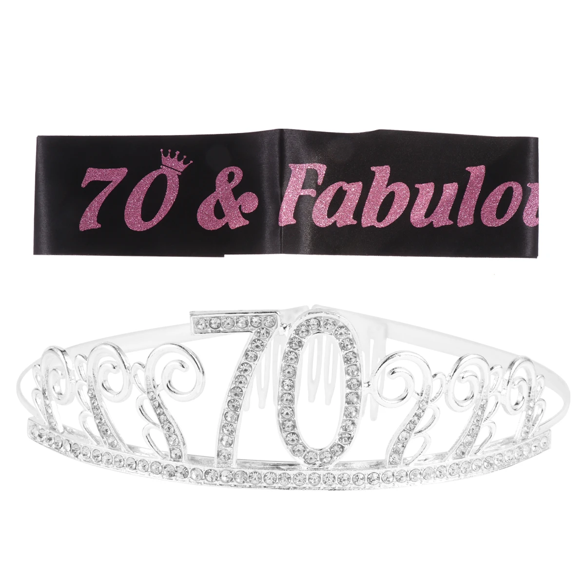 

2pcs 1 Set 70Th Birthday Tiara Sash Crown Rose Gold Party Supplies Women 70 Fabulous Celebration Accessory Band Bright
