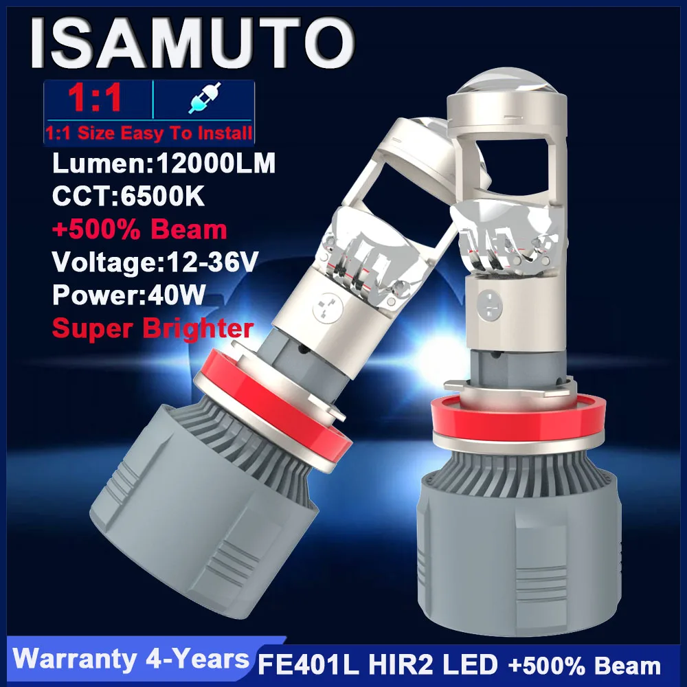 

ISAMUTO FE401L HIR2 9012 PX22d 12-36V 80W Projector Lens Headlight 6500K 12000LM White Car LED Turbo Fan (Pair)