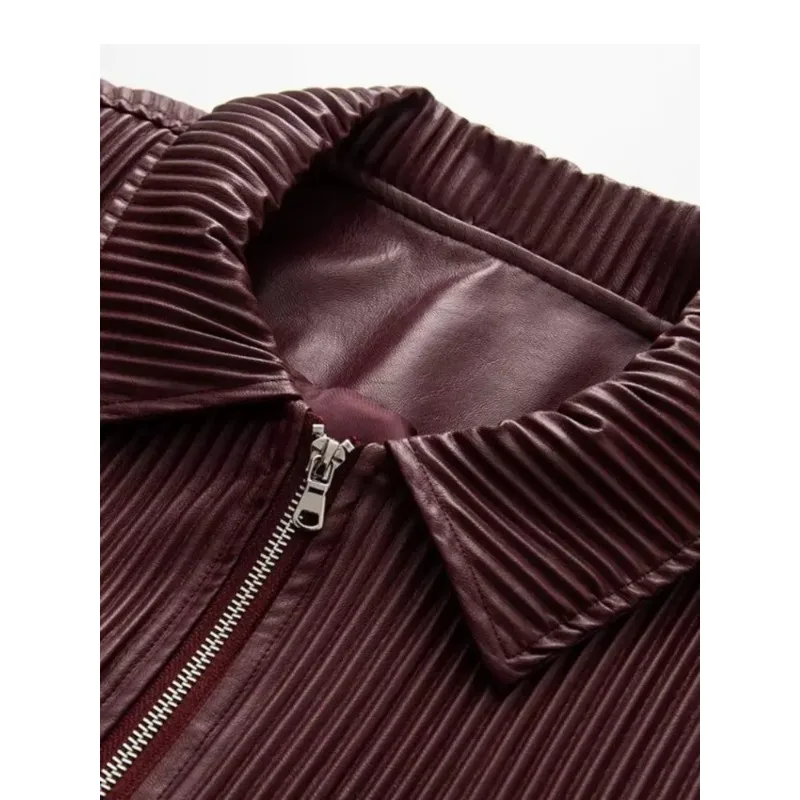 Jaquetas Femininas Vintage Estilosas de Outono em Couro Sintético Plissado Oversized BF, Casaco Cropped Elegante Solto Vinho Tinto PU com Zíper para o Dia a Dia