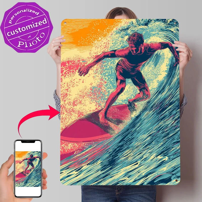 Surfer Riding a Wave Illustration 3D Texture Printed Poster Custom Vintage Metal Tin Plate Sign for Wall Art Decoration Room