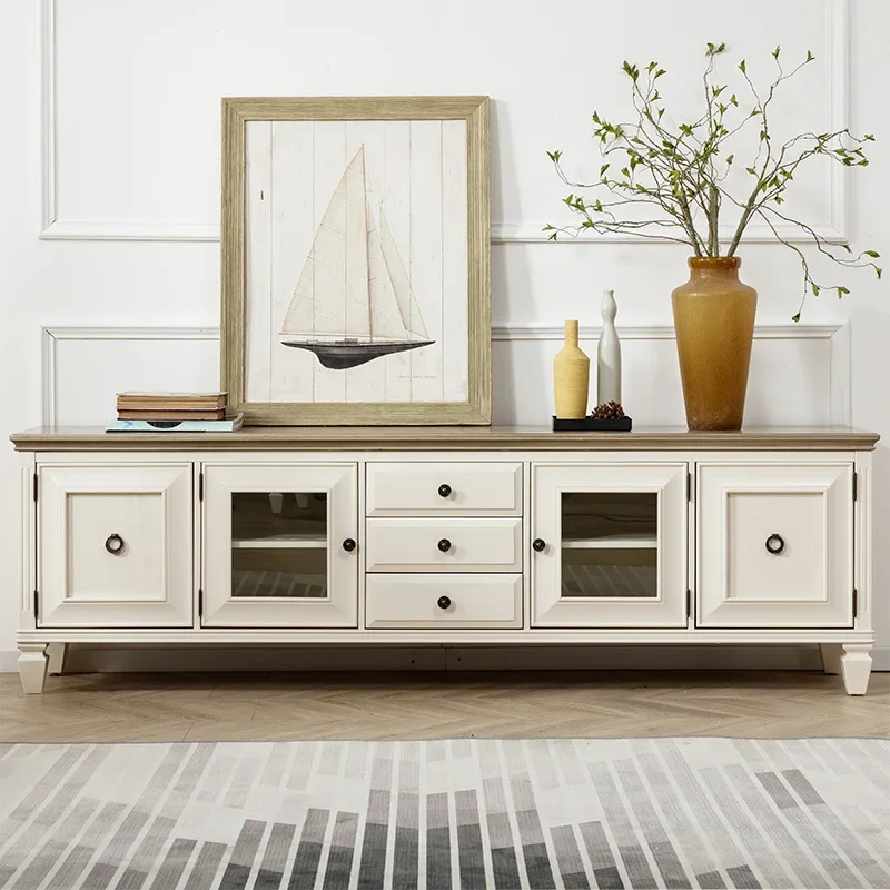 TV cabinet light luxury Mediterranean pure solid wood furniture double-spell color heightening living room audio-visual