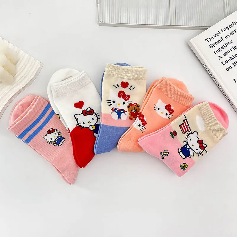 

New 1 Pair High Quality Sanrio KT Cat Anime Cartoon Comfortable Soft Cotton Socks Kawaii Pink Hello Kitty Women's Stockings Gift