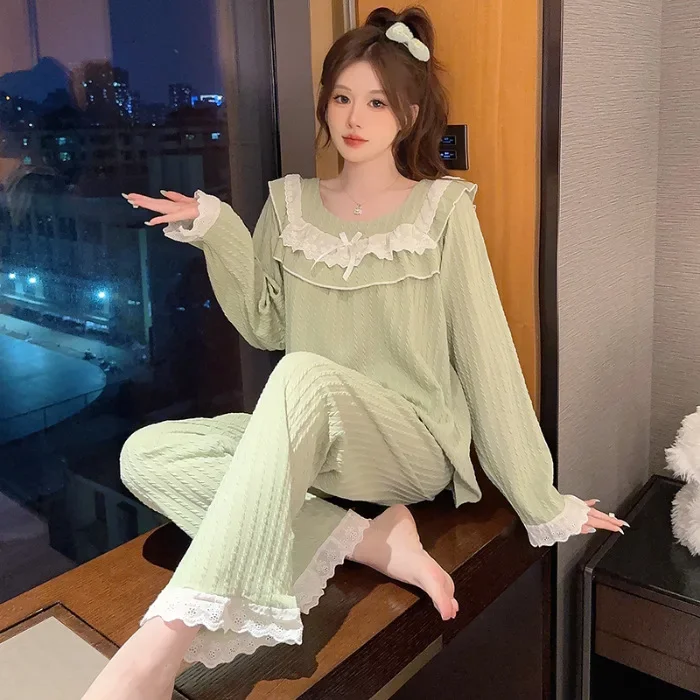 5XL Plus Size 2 Piece Set of Ladies Pajamas Loose Homewear Spring Autumn Cotton Long-Sleeved Trousers Solid Korean Sweet Outfits