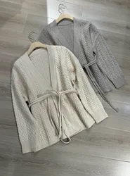 Luxurious heavy cashmere belted solid color knitted cardigan