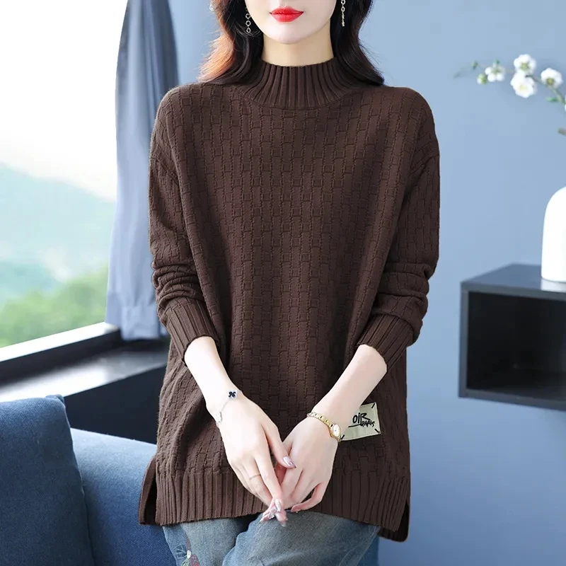 Half High Neck Sweater For Women Autumn Winter Korean Loose Large Size Knitted Sweater Pullovers Female O-Neck Jumper Full Tops