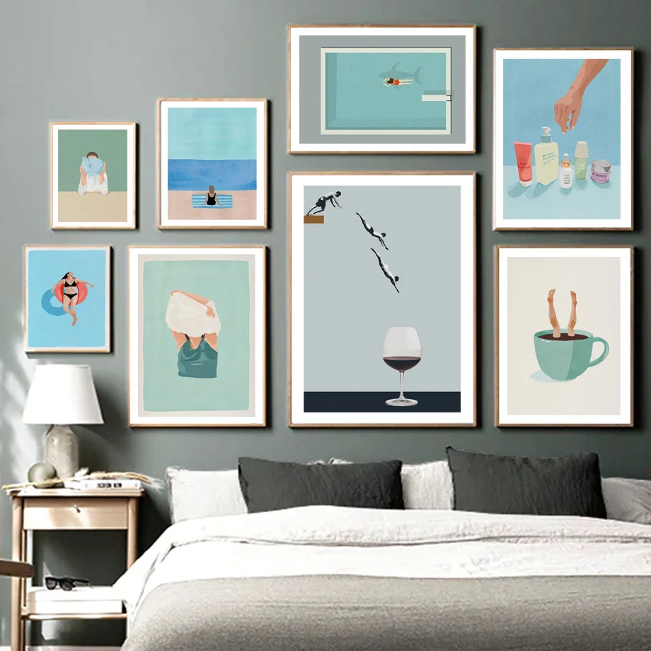 Abstract Nordic Poster Beach Sea Diving Wine Glass Coffee Cup Swim Wall Arts Canvas Painting Home Decoration Room Decor