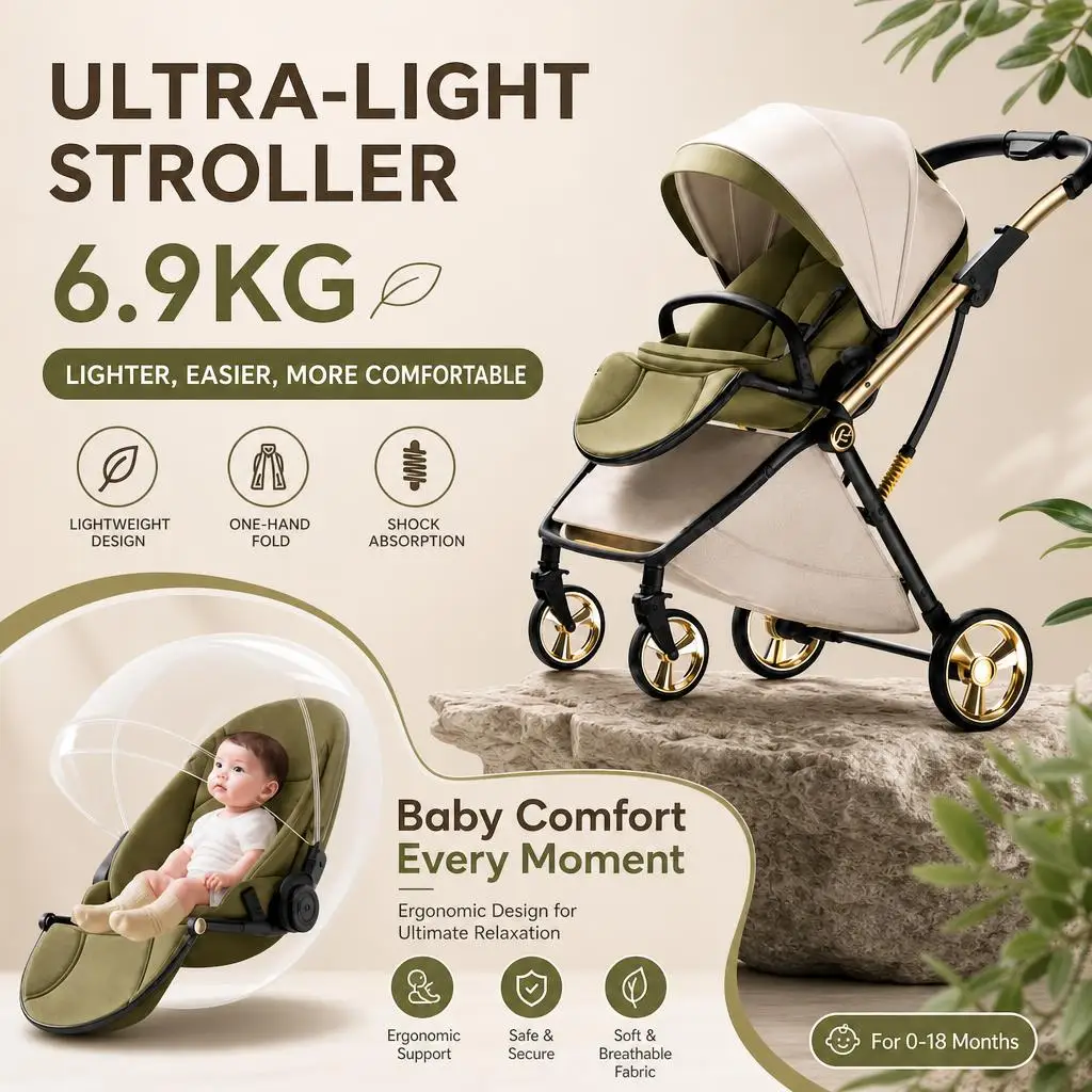 Leder-Kinderwagen, eiförmig, rückenschonend, Hochlandschafts-Kinderwagen, beidseitig bedienbar, 4-Rad-Federung, leichter, faltbarer Kinderwagen für Säuglinge und Kleinkinder von 0-36 Monaten.