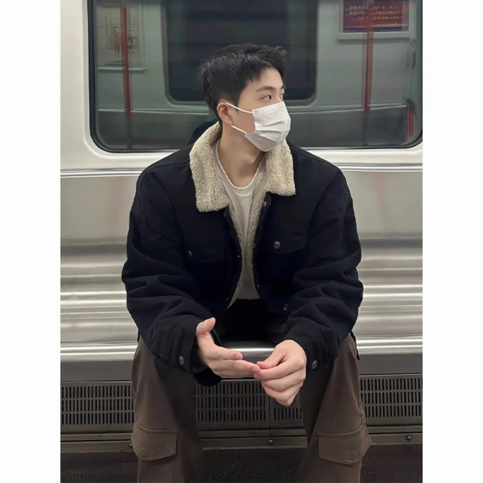 American high street cotton coat men's versatile autumn and winter velvet thickened lamb velvet denim cotton jacket to keep warm