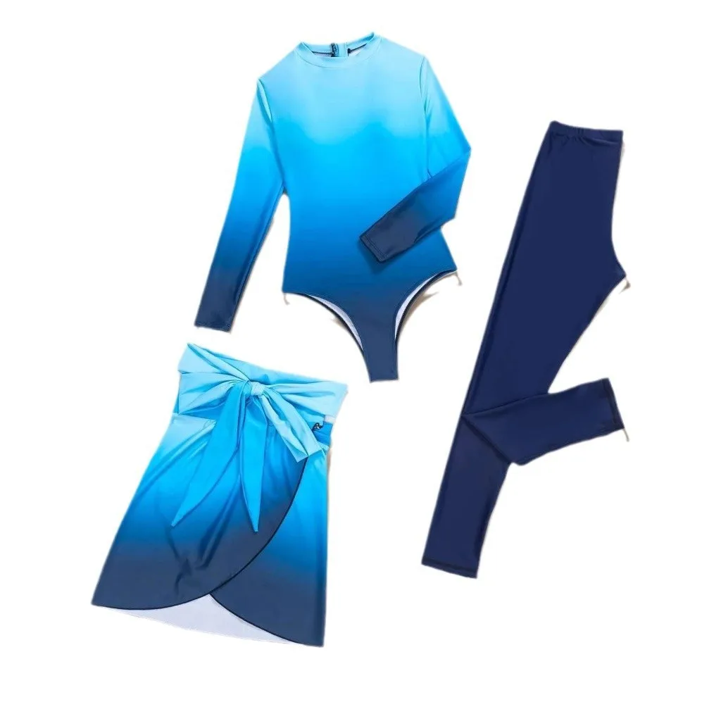 Blue Long Sleeve Swimsuit High Neck Wrap Skirt Swimwear Tie Front Bathing Suit Green Leggings Solid Color Slim Fit Swimming view 5