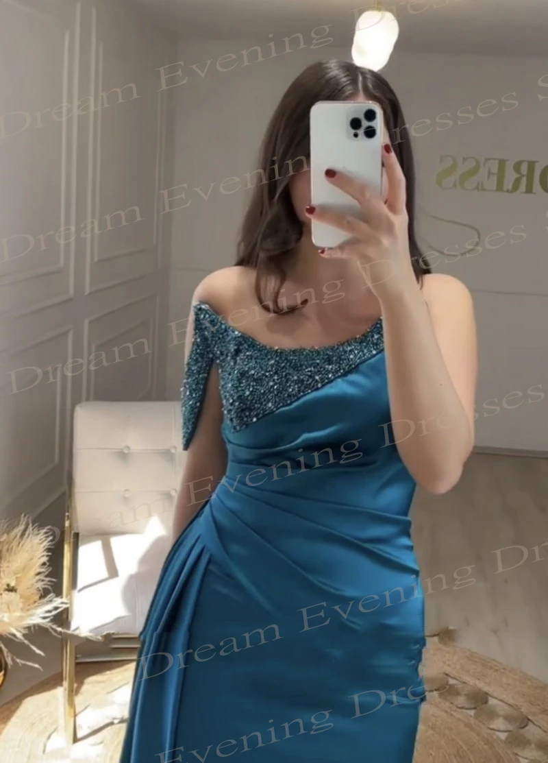 Robe de Soirée Vintage en Satin Bleu Sans Bretelles, Tenue Élégante, Style Sirène, Éducative