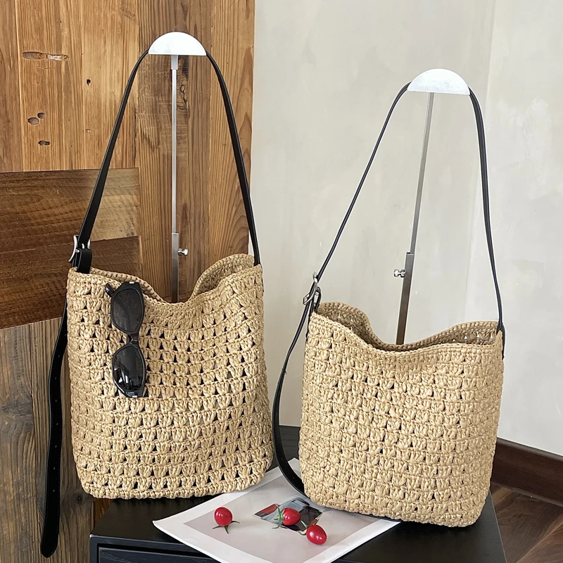 Hollow Beach Bucket Bag For Women Luxury Designer Handbag Purse 2026 New In Raffia Handwoven With Inner Pocket Underarm Shoulder