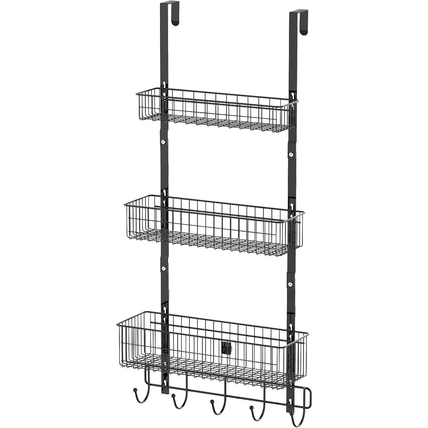 

Black Over-Door Organizer with 5 Hooks & 3-Tier Baskets - Bathroom/Kitchen Storage Rack for Towels & Utensils