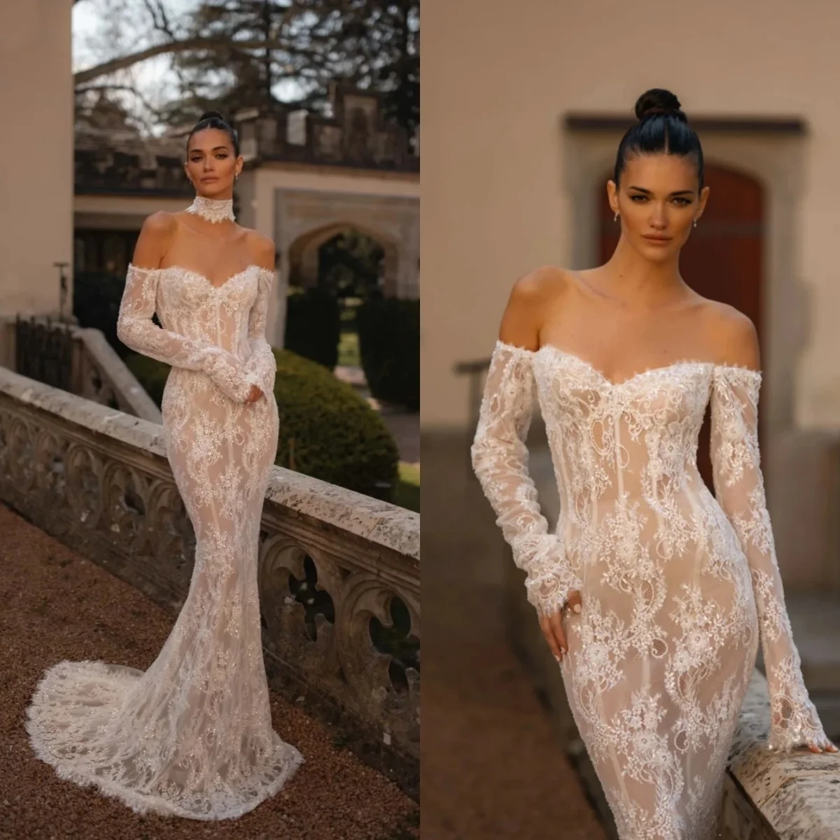 رائع حورية البحر فساتين حفلة موسيقية كم كامل يزين الطابق طول الدانتيل فساتين الزفاف بالإضافة إلى حجم مناسبة رسمية مخصصة #1