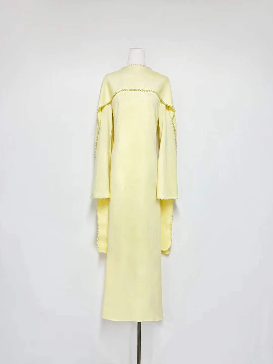 TWOTWINSTYLE Solid Slimming Soliced Bead Temperament Dresses for Women Round Neck Long Sleeves Patchwork Ribbon Dress Female New image 3