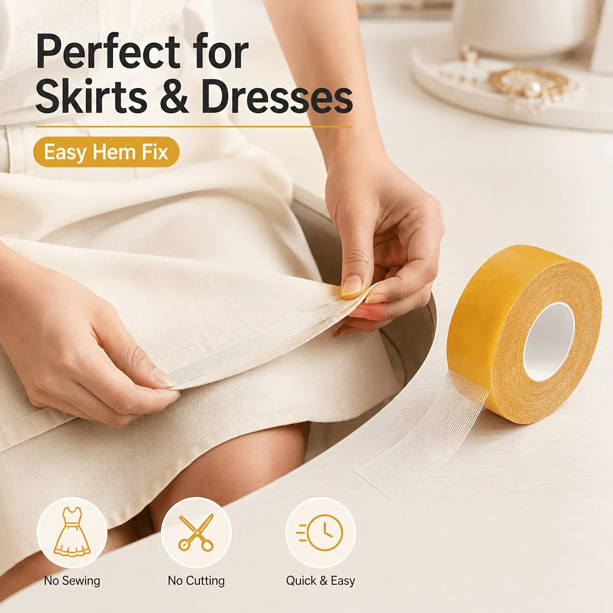 No-Sew Hem Tape 3Pcs Curtain Hemming Tape, Quick Shorten Pants Sleeves DIY Fabric Adhesive Tape, No Iron No