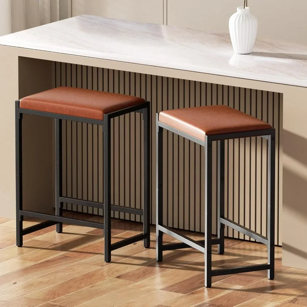 

Bar Stools, Counter Height Kitchen Counter Stools with Footrests, Synthetic Leather Mid-Century, 25-In Tall Set of 2 Bar Chairs
