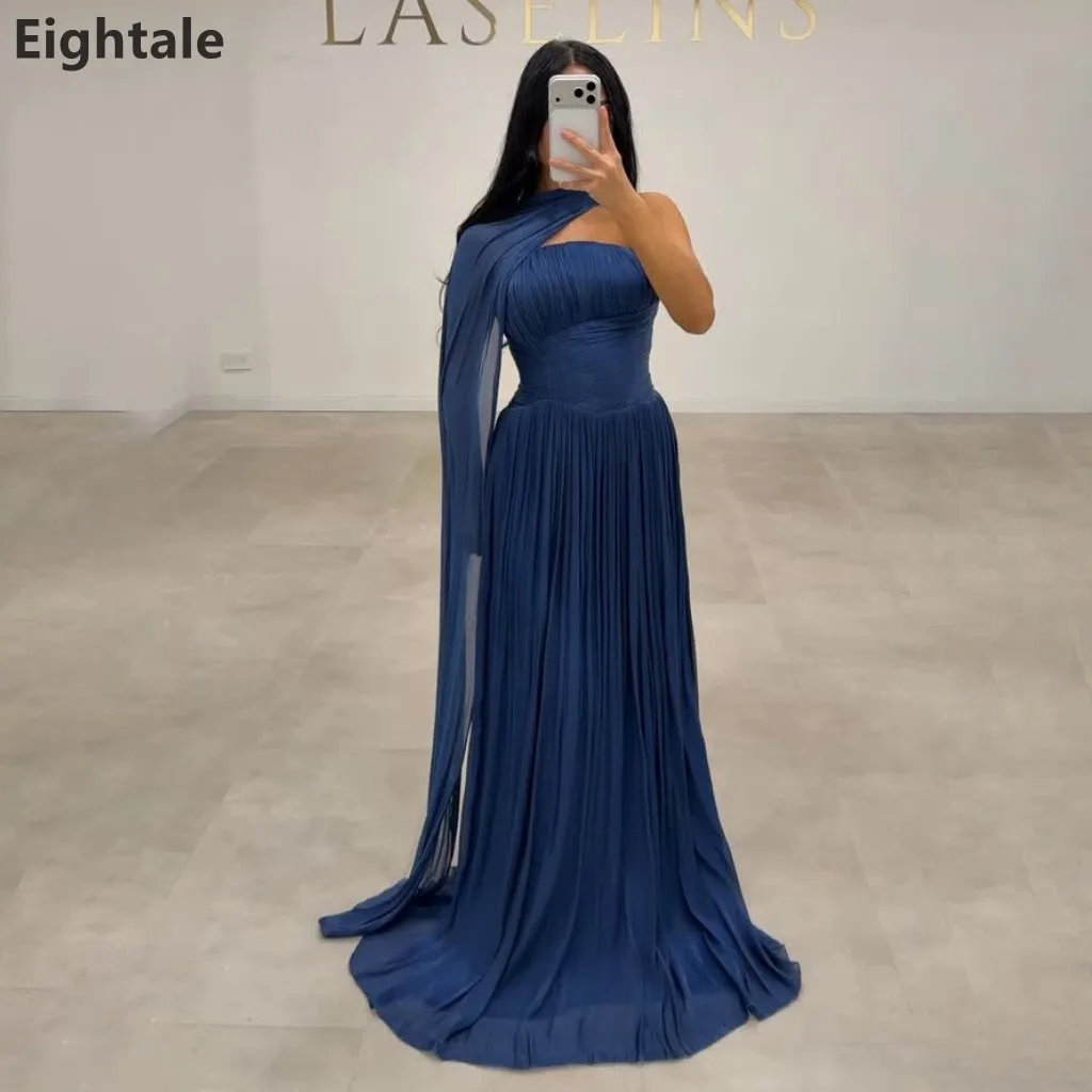 Eightale 2025 Blue Floor Length Maxi Evening Dress One Shoulder Cape Wedding Party Formal Prom Dress Dubai Party Gown Customized