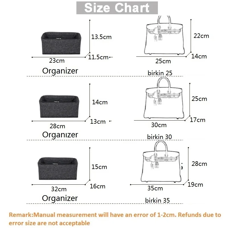 Felt Cloth Insert Bag Organizer For H Birkin 25 30 35 Handbag Organizer Women Travel Portable Cosmetic Inside Bags