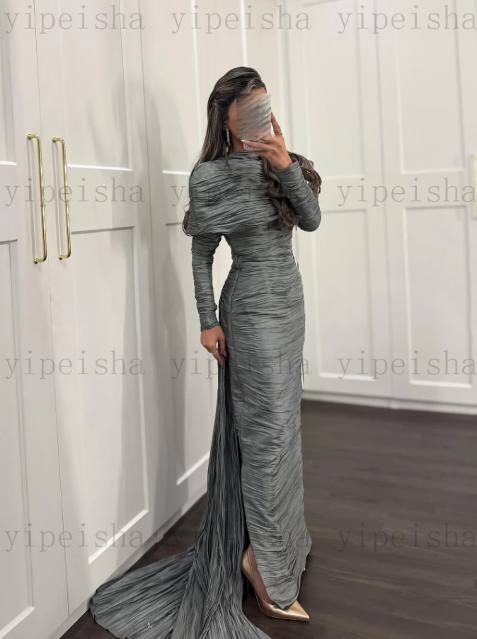 فساتين سهرة سعودية مخصصة برقبة دائرية وأكمام طويلة وفتحة جانبية بطول الأرض فستان حفلات مستقيم فستان طويل للحفلات الإسلامية