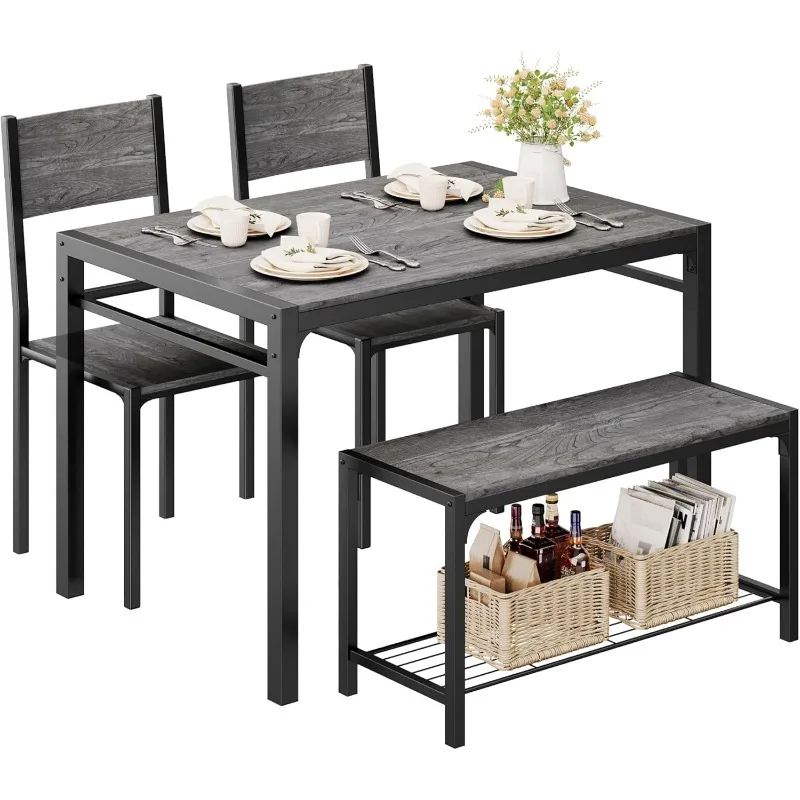 

Kitchen Table and 2 Chairs for 4 with Bench, 4 Piece Dining Sets for Small Space, Grey