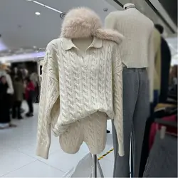 Two Pieces Women Knitting Sets V-Neck Lapel Collar Long Sleeve Loose Pullover Sweaters+High Waist Striped Shorts 2pcs Female Set