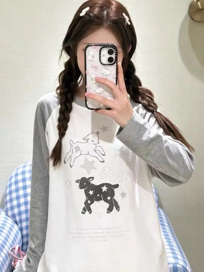 Retro Korean Style Long Sleeve Shoulder Insert T-Shirt Women's Base Layer Loose Lazy Top Star Sheep Print Casual Cotton Tee