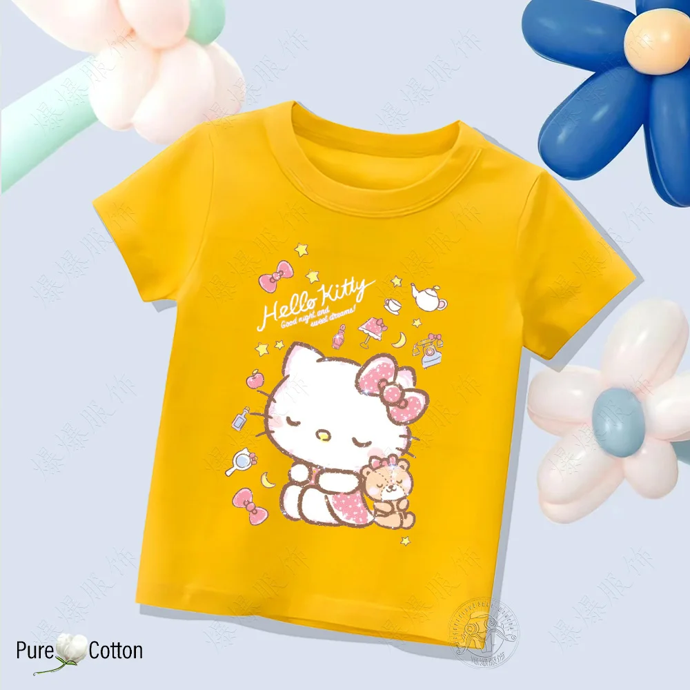 Anime Hello Kitty Printed T-shirt Children's girls Sanrio series summer short sleeve crewneck cotton Harajuku tops