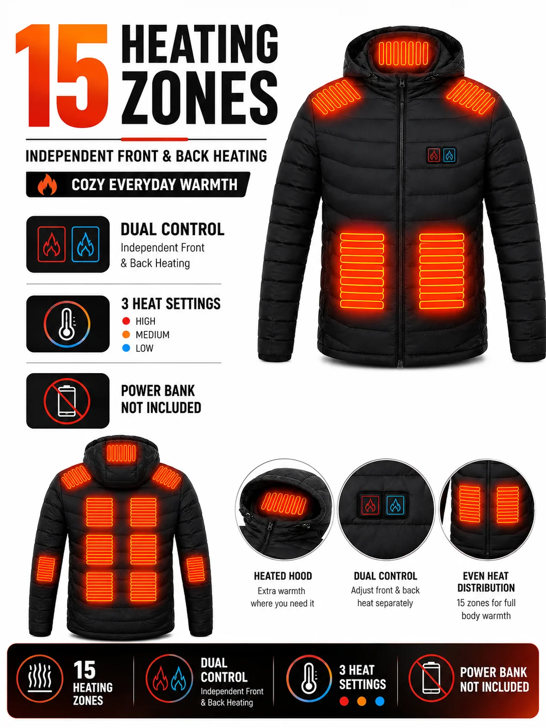 Men'S Heated Jacket with 3 Heat Settings, 15 Heating Zones, Hooded Winter Coat for Casual Outdoor Wear - Black, Polyester, Long Sleeve, Zip-Up, Four Control Buttons, Warmth for Autumn and Winter, Heated Jacket view 3