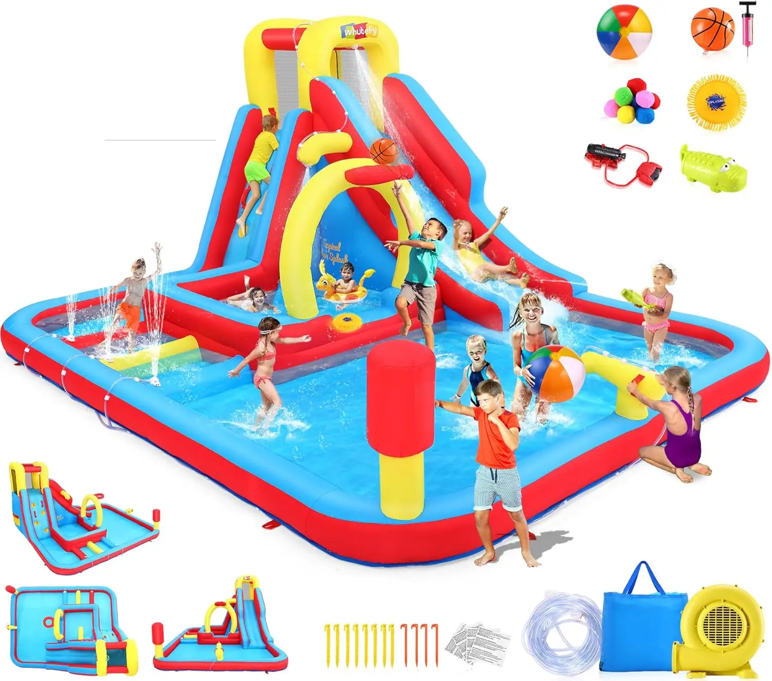 

13x10FT Giant Inflatable Water Slide Obstacle Course for Kids w/Long Slide, Deep Pool, Climbing Wall, Boxing Game, Basketball Ri